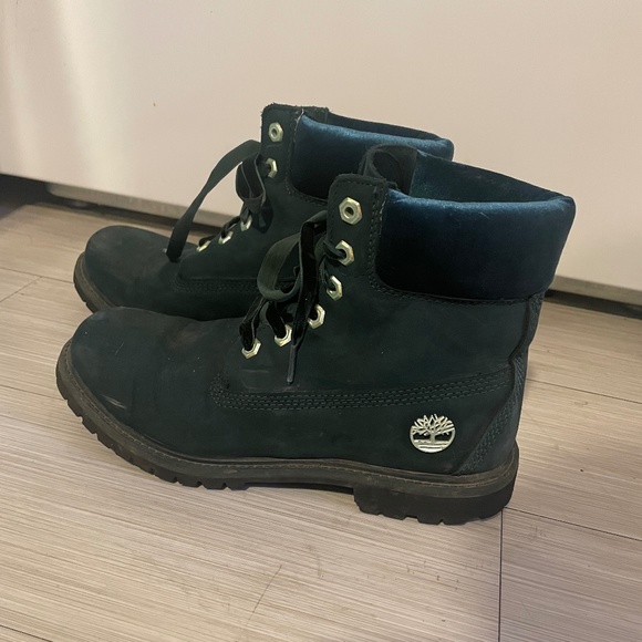 Green Suede Timberland Boots w/ Velvet Trim and Laces - Picture 2 of 6